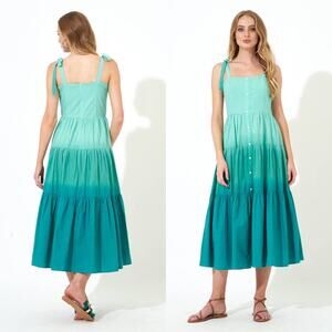 Oliphant NEW Tie Strap Button Cotton Poplin Midi Dress in Ombre Green - Size XS